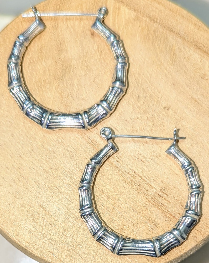 🆕.925 STERLING SILVER BAMBOO HOOP EARRINGS - ROUND - WOMEN